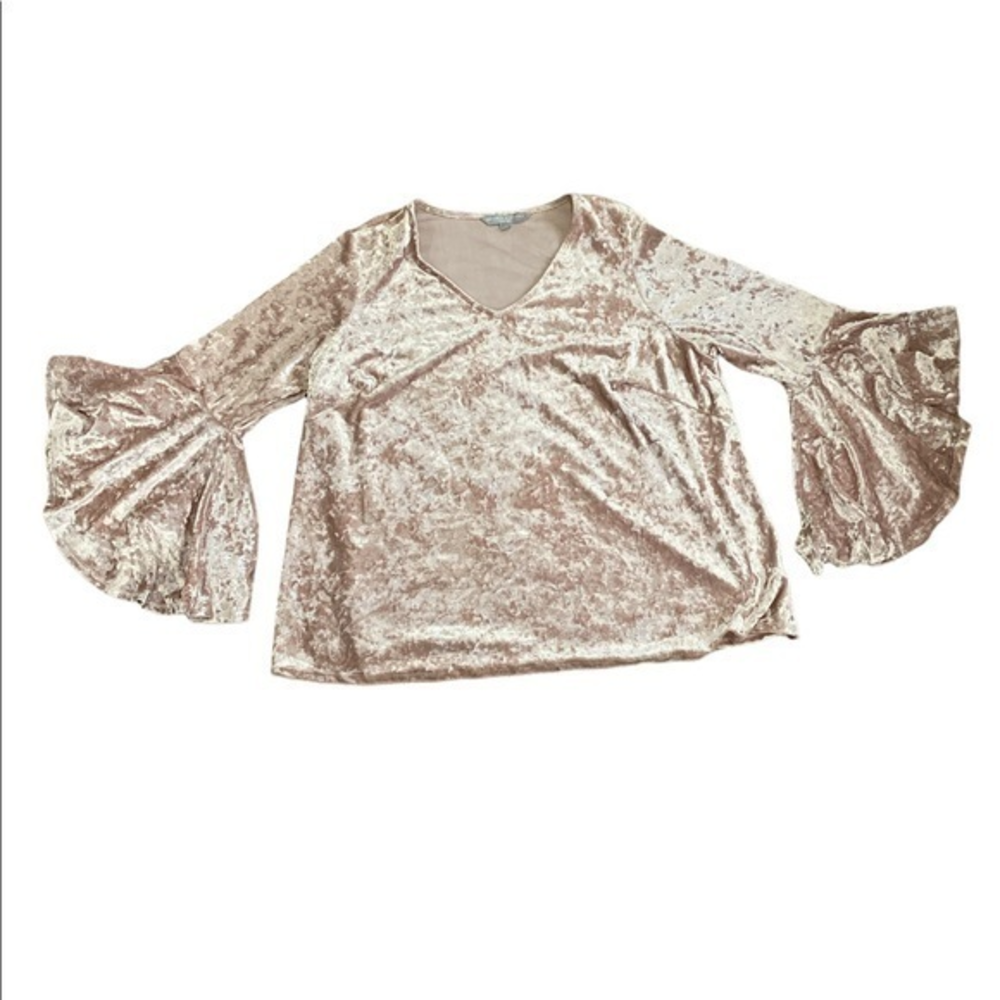 Velvet V-Neck 3/4 Bell Sleeve Peasant Top Dusty Rose Pink Velour Blouse Size‎ 1X